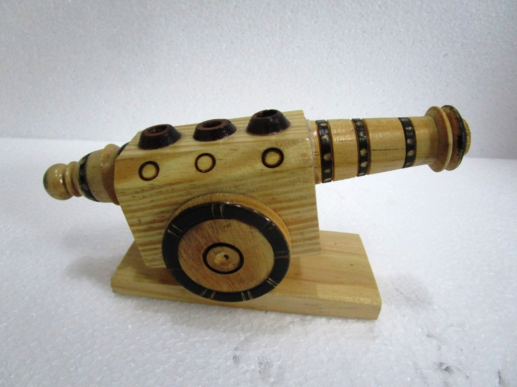Indian WOODEN ROYAL CANNON PEN STAND - Home Decor Table Office (1505)
