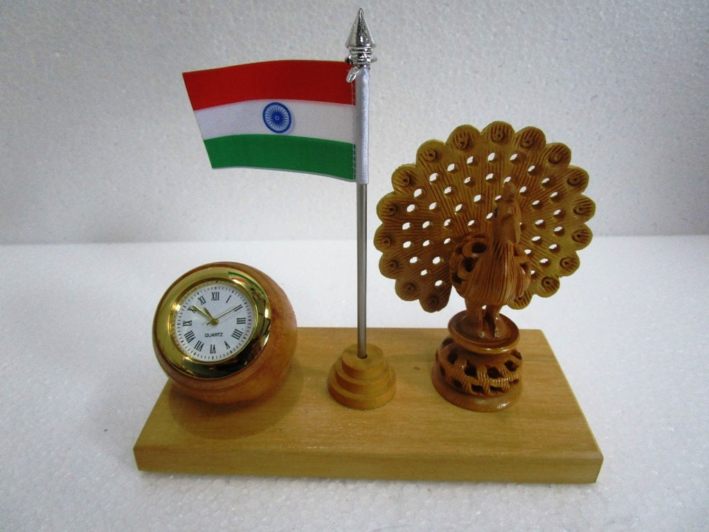 Indian NATIONAL Bird PEACOCK with FLAG and CLOCK - Wooden Made (1513)