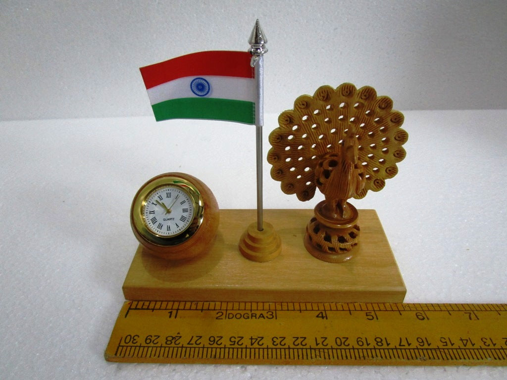 Indian NATIONAL Bird PEACOCK with FLAG and CLOCK - Wooden Made (1513)