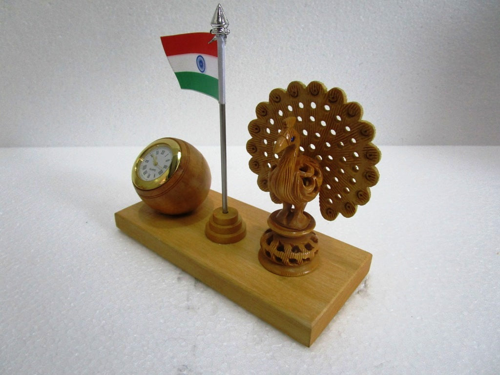 Indian NATIONAL Bird PEACOCK with FLAG and CLOCK - Wooden Made (1513)