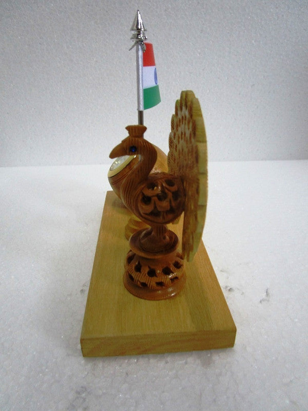 Indian NATIONAL Bird PEACOCK with FLAG and CLOCK - Wooden Made (1513)