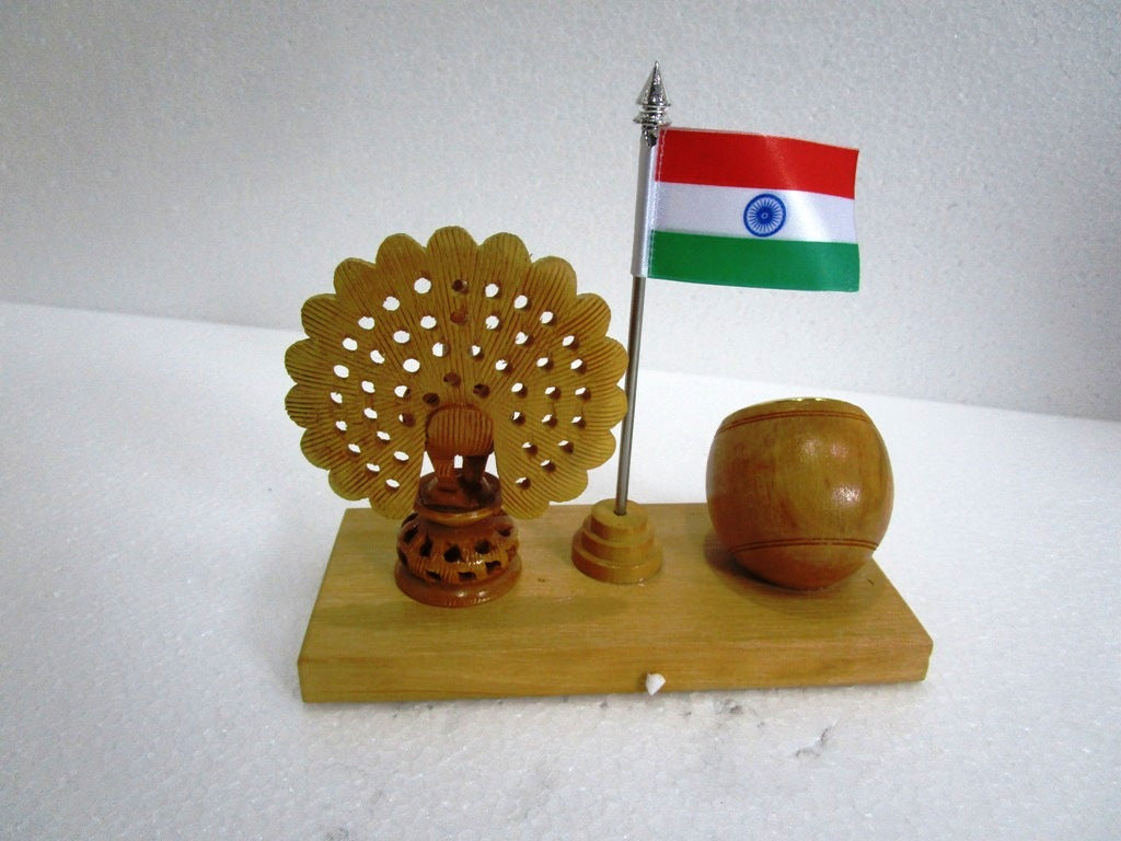 Indian NATIONAL Bird PEACOCK with FLAG and CLOCK - Wooden Made (1513)