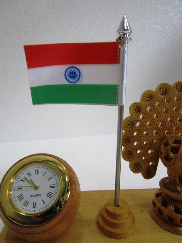 Indian NATIONAL Bird PEACOCK with FLAG and CLOCK - Wooden Made (1513)