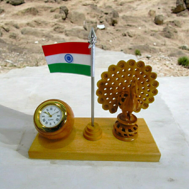 Indian NATIONAL Bird PEACOCK with FLAG and CLOCK - Wooden Made (1513)