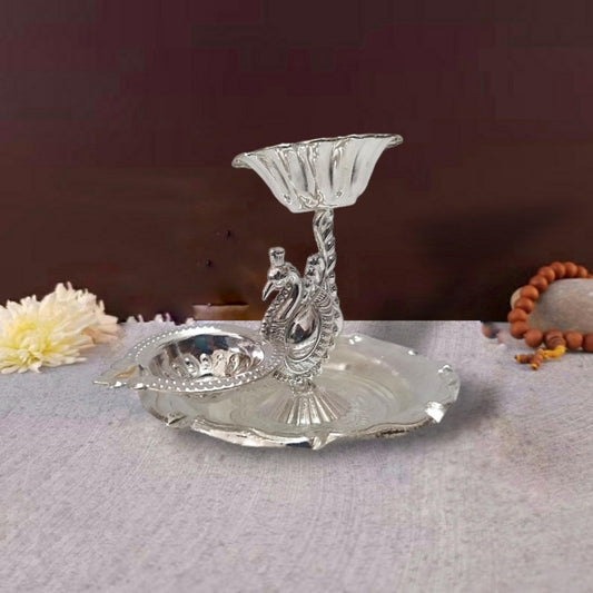 Silver Peacock Style Diya Lamp Vilakku for Puja Gifts and Home Decor (2318)