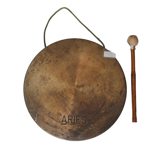Vintage Round Plate Old Brass Metal Original Gong Bell With Wooden Stick | From Ship Salvage (2440)