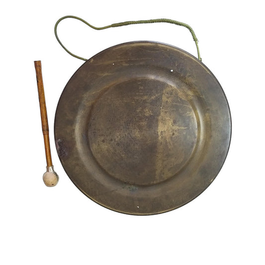 Vintage Round Plate Old Brass Metal Original Gong Bell With Wooden Stick | From Ship Salvage (2449)
