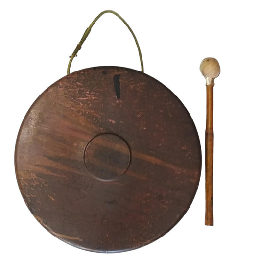 Vintage Round Plate Old Brass Metal Original Gong Bell With Wooden Stick | From Ship Salvage (2457)