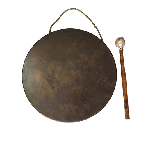 Vintage Round Plate Old Brass Metal Original Gong Bell With Wooden Stick | From Ship Salvage (2460)