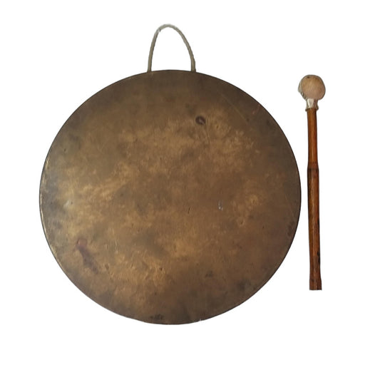 Vintage Round Plate Old Brass Metal Original Gong Bell With Wooden Stick | From Ship Salvage (2463)