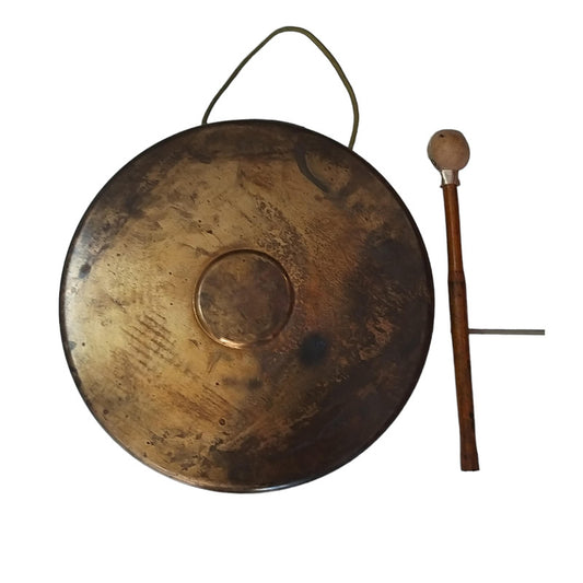 Vintage Round Plate Old Brass Metal Original Gong Bell With Wooden Stick | From Ship Salvage (2465)