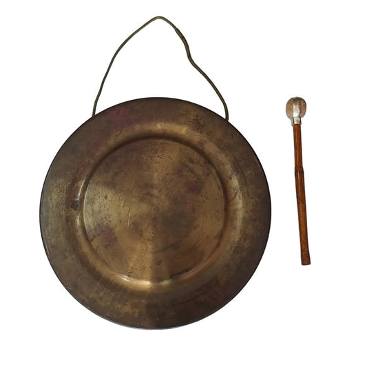 Vintage Round Plate Old Brass Metal Original Gong Bell With Wooden Stick | From Ship Salvage (2472)