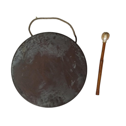 Vintage Round Plate Old Brass Metal Original Gong Bell With Wooden Stick | From Ship Salvage (2490)