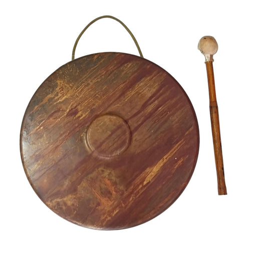 Vintage Round Plate Old Brass Metal Original Gong Bell With Wooden Stick | From Ship Salvage (2498)