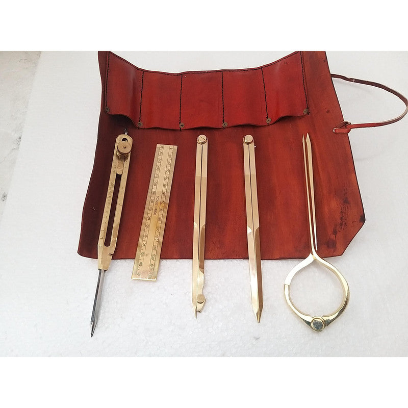 Nautical Proportional Divider Set of 5 - Full Brass dividers with Leather Box (2785)