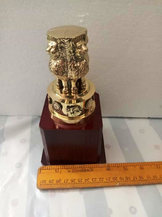 8" Brass Indian NATIONAL Emblem - Republic of INDIA - Ashok STAMBH Statue (3408)