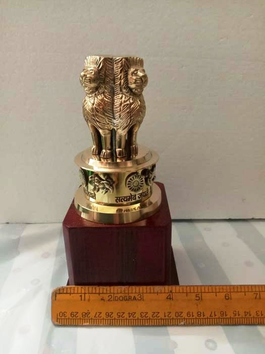 9" Brass Ashoka Stambh Emblem India Ashok Stambh Sculpture Home Office Desk (3410)