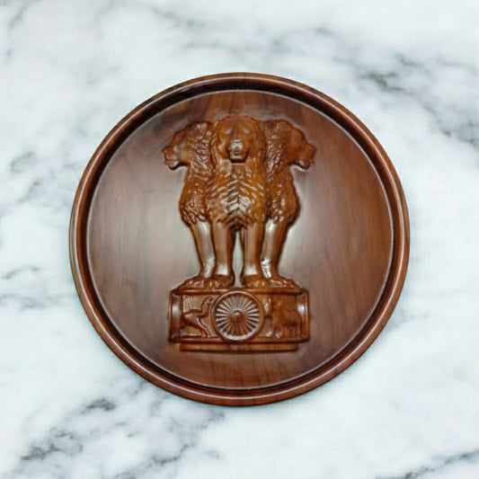 Indian NATIONAL Emblem Wooden Plaque - 3D Engraving - 12 Inches - Ashok STAMBH (5377)