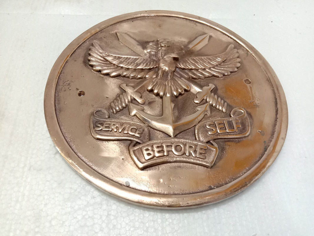 Brass SERVICE BEFORE SELF WOODEN Plaque - 12 Inches - 3D - Crest Badge Wall Décor (5399)