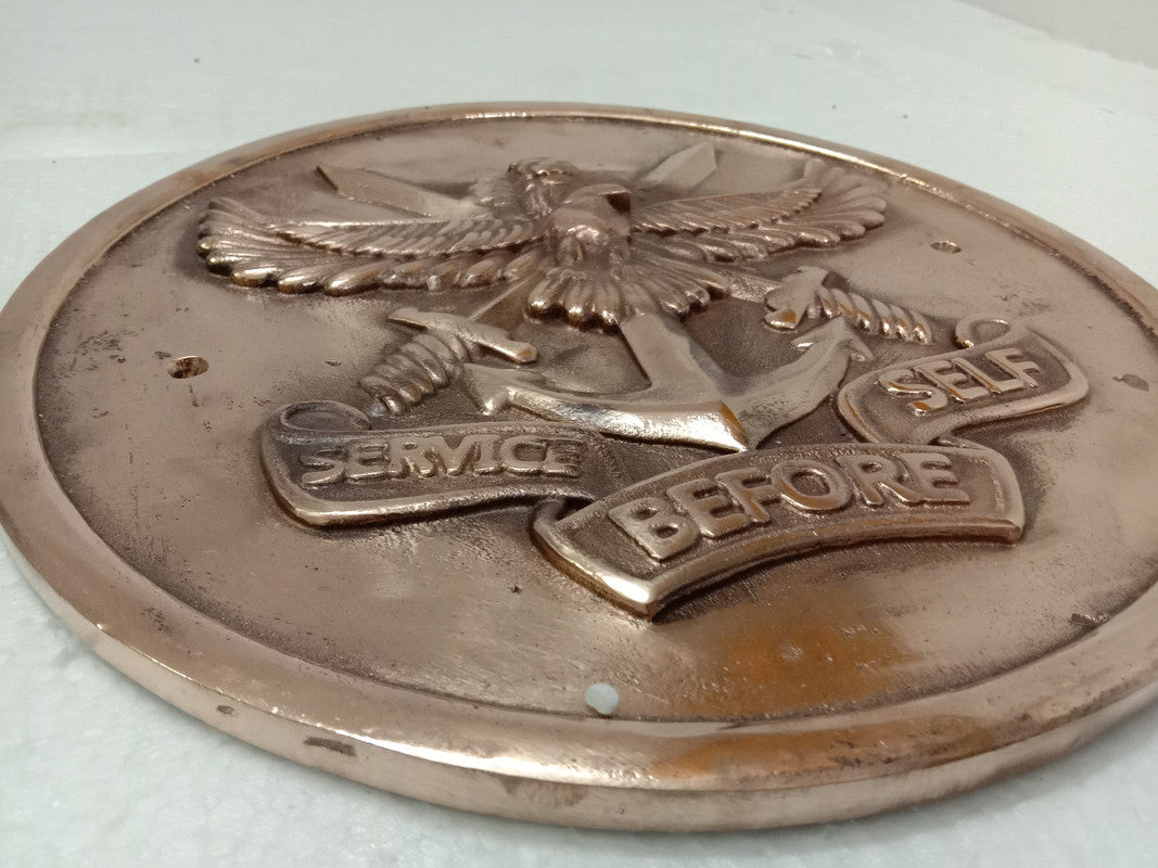 Brass SERVICE BEFORE SELF WOODEN Plaque - 12 Inches - 3D - Crest Badge Wall Décor (5399)