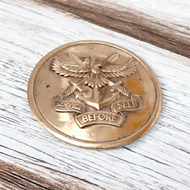 Brass SERVICE BEFORE SELF WOODEN Plaque - 12 Inches - 3D - Crest Badge Wall Décor (5399)