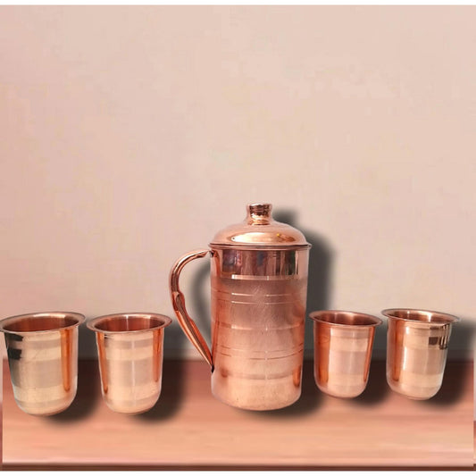 Copper Jug Pitcher With 4 pcs Copper Glasses Set | Home Kitchen Decor (1884)