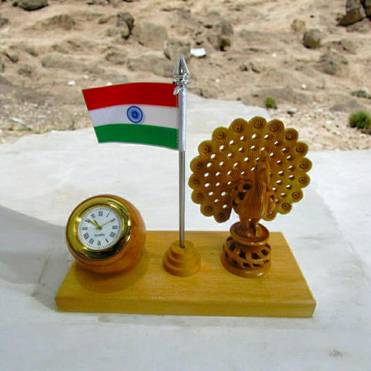 Indian NATIONAL Bird PEACOCK with FLAG and CLOCK - Wooden Made (1513)