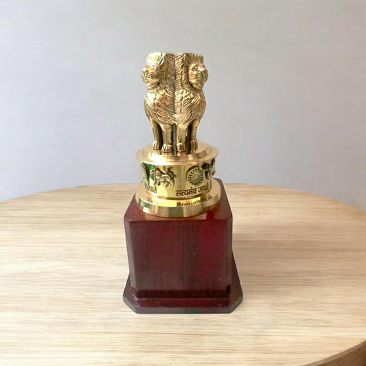 9" Brass Indian NATIONAL Emblem - Republic of INDIA - Ashok STAMBH Statue (3410)