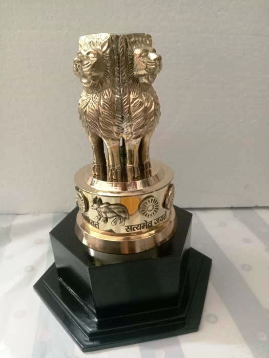 9" Brass Indian NATIONAL Emblem - Republic of INDIA - Ashok STAMBH Statue (3414)