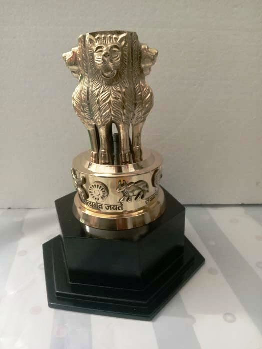 9" Brass Indian NATIONAL Emblem - Republic of INDIA - Ashok STAMBH Statue (3414)