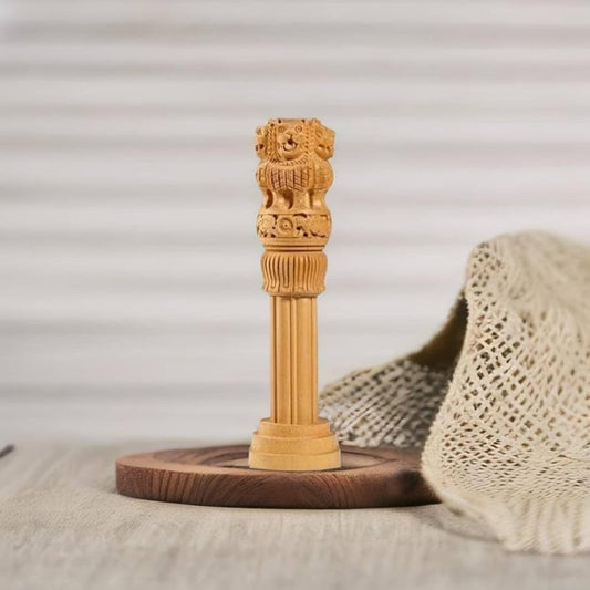 WOODEN Indian NATIONAL Emblem - Republic of INDIA - Ashok STAMBH Statue (602)
